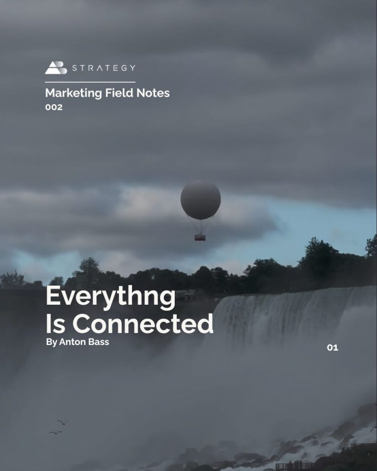 AB Strategy Marketing Field Notes 002 cover: “Everything Is Connected” by Anton Bass, over a photograph of Niagara Falls and a hot air balloon.