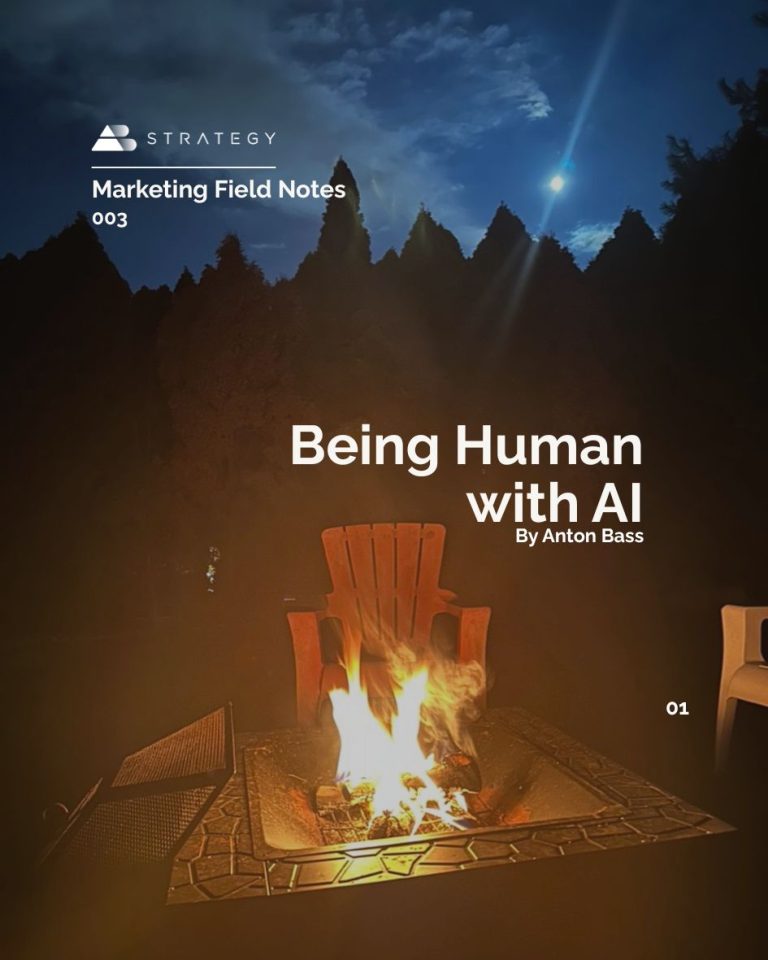 AB Strategy Marketing Field Notes 003 cover: “Being Human with AI” by Anton Bass, over a nighttime fire pit photograph.