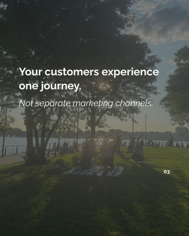 “Your customers experience one journey. Not separate marketing channels.” Text appears over a waterfront park photograph.