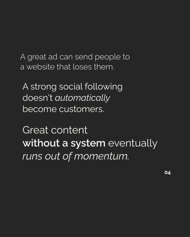 Examples of connected marketing: a great ad can lead to a website that loses people, a social following doesn’t automatically create customers, and content without a system can lose momentum.