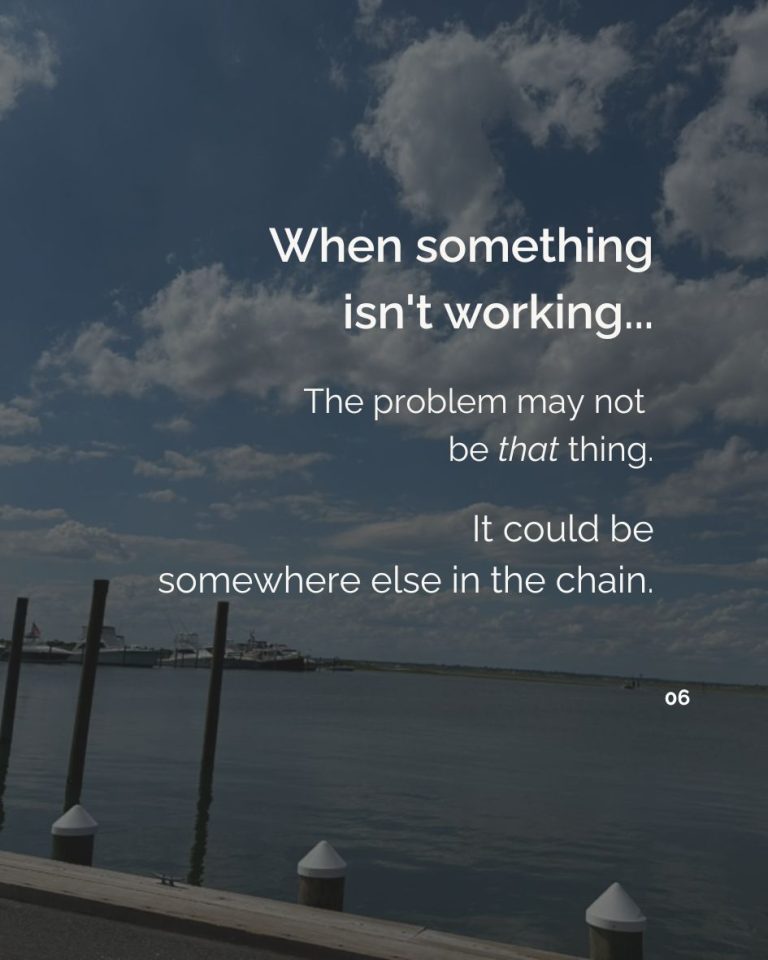 “When something isn’t working, the problem may not be that thing. It could be somewhere else in the chain.” Text appears over a waterfront photograph.