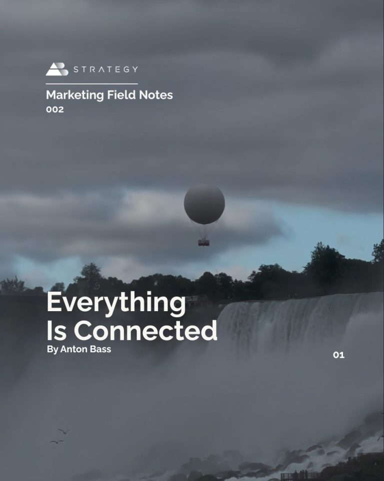 AB Strategy Marketing Field Notes 002 cover: “Everything Is Connected” by Anton Bass, over a photograph of Niagara Falls and a hot air balloon.
